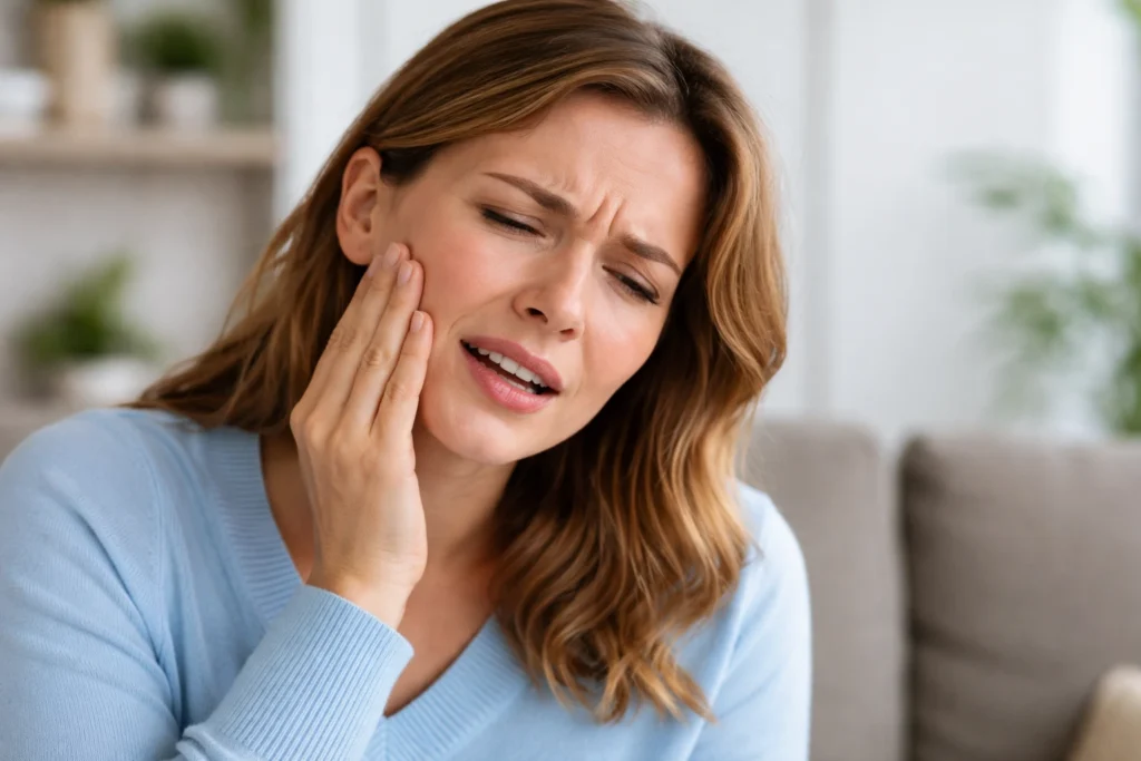 person holding cheek in pain due to toothache indicating need for dental checkup