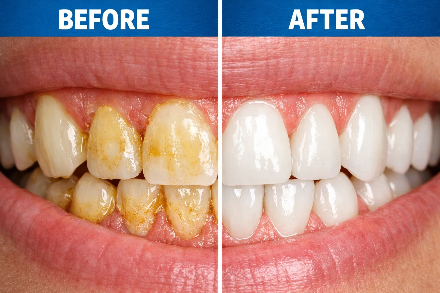 before and after dental cleaning showing plaque removal during dental checkup