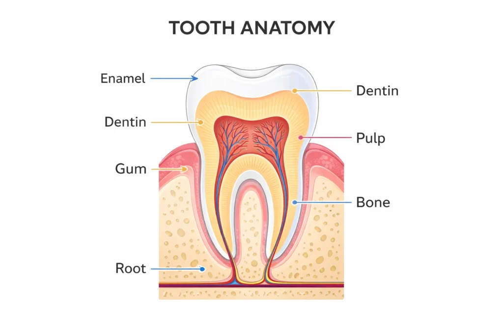 how to maintain healthy teeth with a detailed tooth anatomy diagram showing enamel dentin pulp root and gums