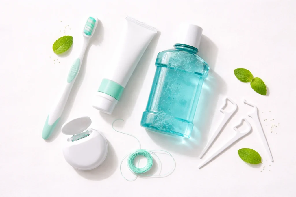 Flat lay of oral care tools including toothbrush, toothpaste tube, dental floss, mouthwash bottle, and floss picks on a clean white background with bright lighting, representing daily dental hygiene routine.