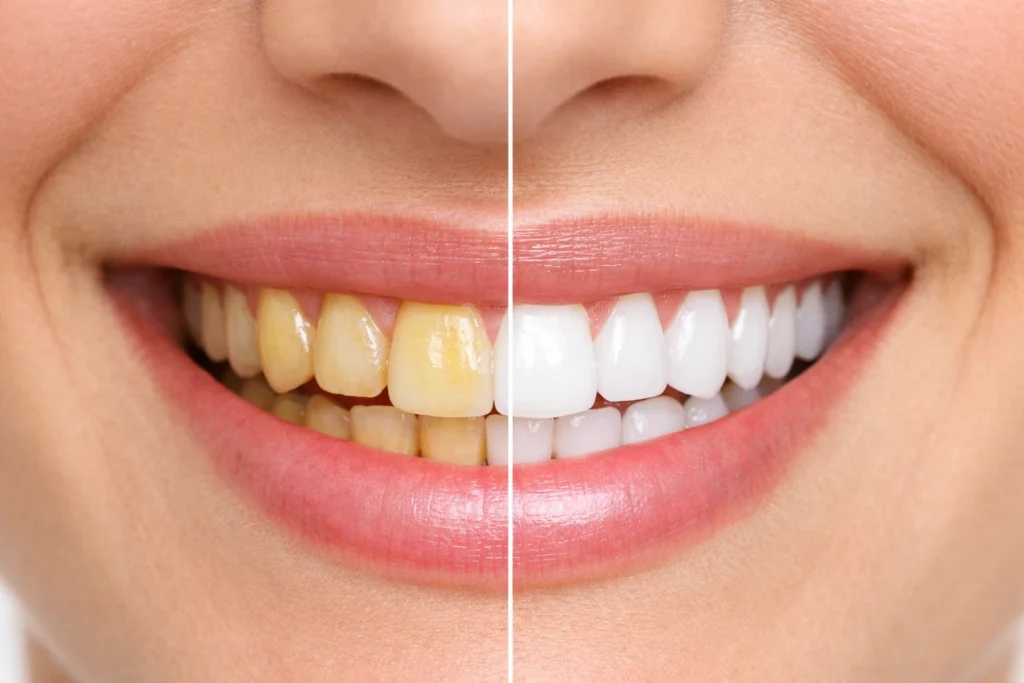 what causes teeth discoloration comparison showing yellow stained teeth on one side and bright white healthy teeth on the other & Laser Teeth Whitening in london
