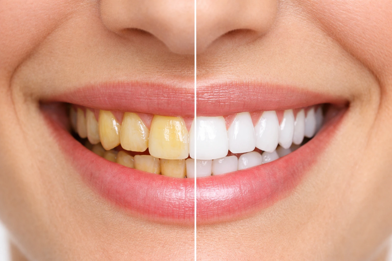 what causes teeth discoloration comparison showing yellow stained teeth on one side and bright white healthy teeth on the other & Laser Teeth Whitening in london
