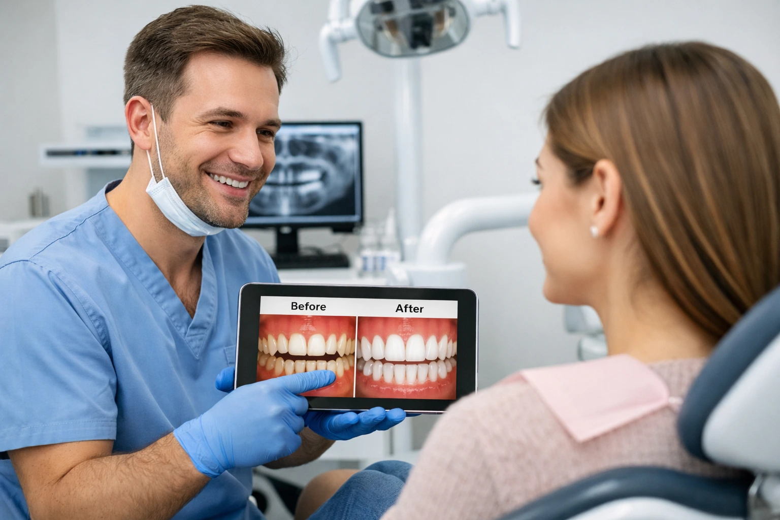 Dentist explaining what is cosmetic dentistry using before and after smile results