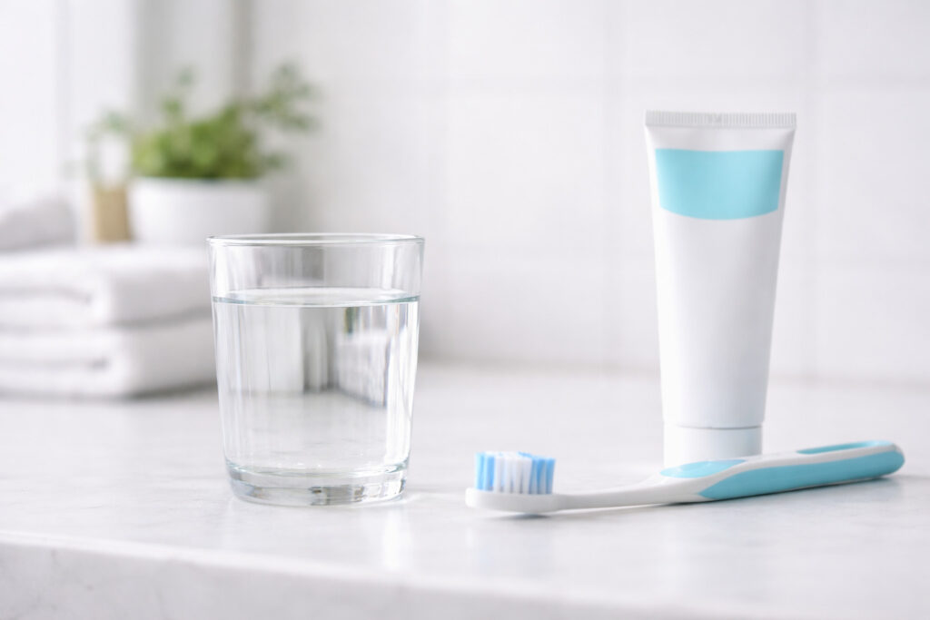 Toothbrush, toothpaste, and a glass of water placed on a clean bathroom counter as part of dental aftercare