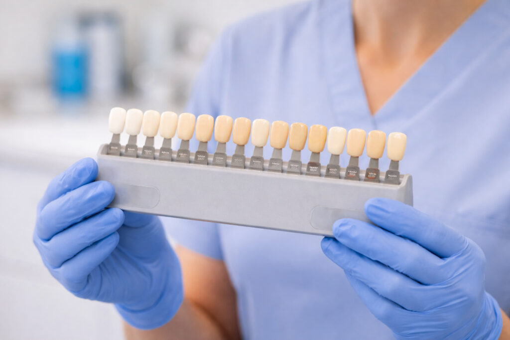 Dental professional holding a tooth shade guide showing different natural tooth colours in a clinical setting