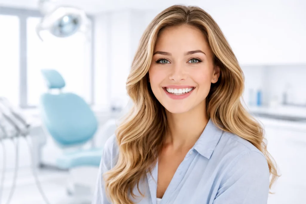 Smiling woman with bright white teeth in a modern dental clinic, representing professional teeth whitening results and oral care.