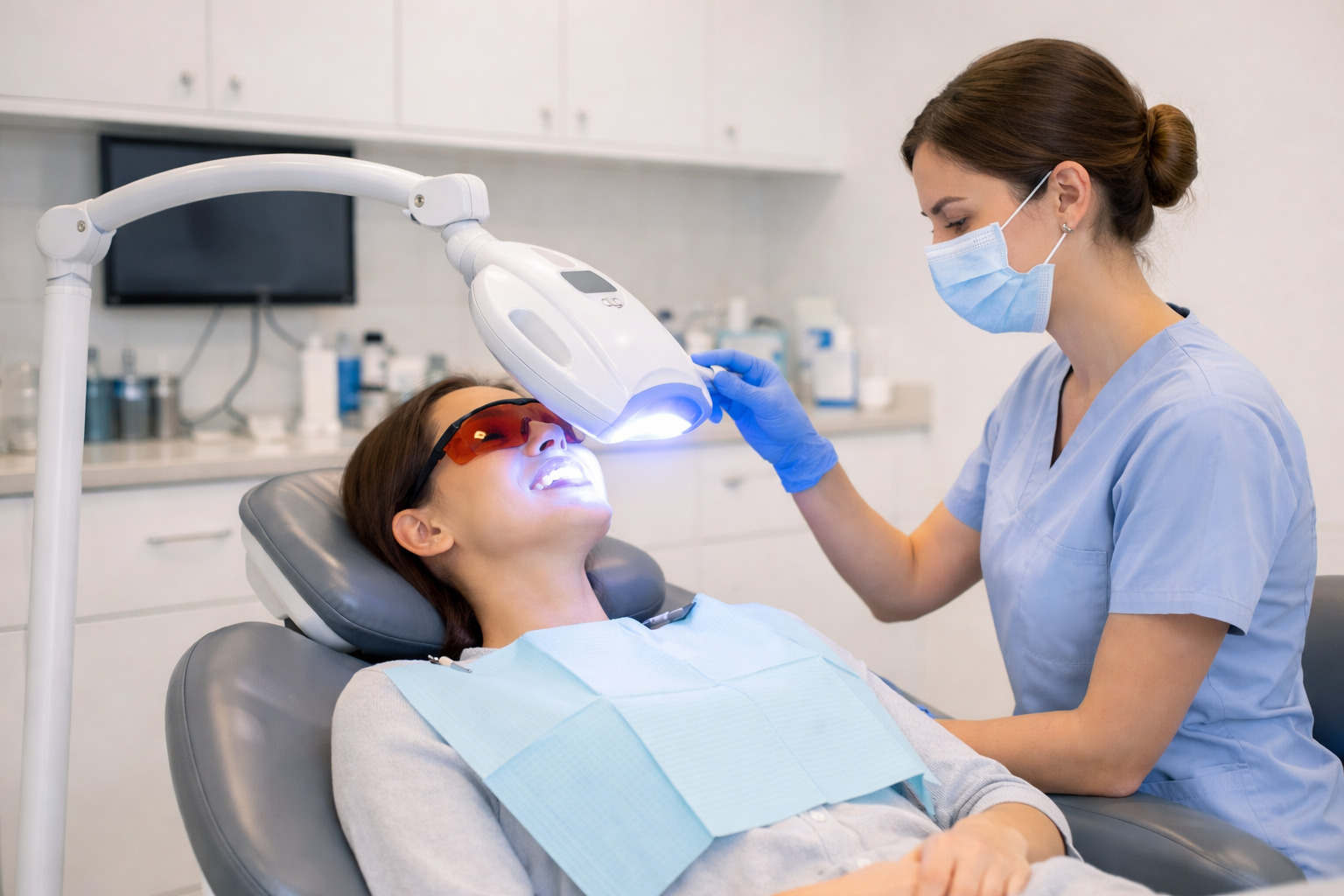 Patient receiving in office teeth whitening treatment from a dental professional in a modern clinic setting