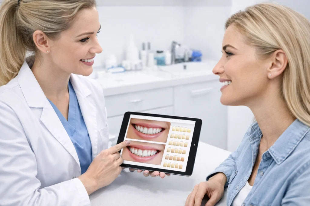 Dental consultation discussing laser teeth whitening treatment options