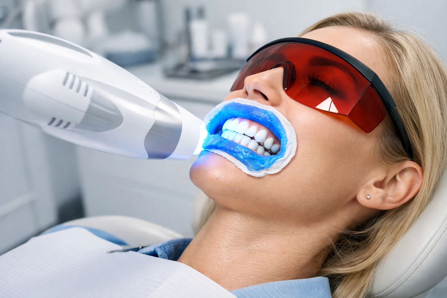 Laser teeth whitening treatment in a modern dental clinic setting