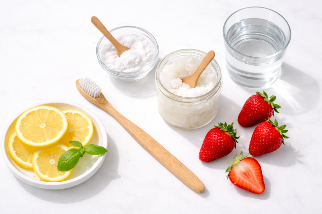 Flat lay of natural teeth whitening ingredients including baking soda, coconut oil, lemon slices, strawberries, a toothbrush, and a glass of water on a clean white background.