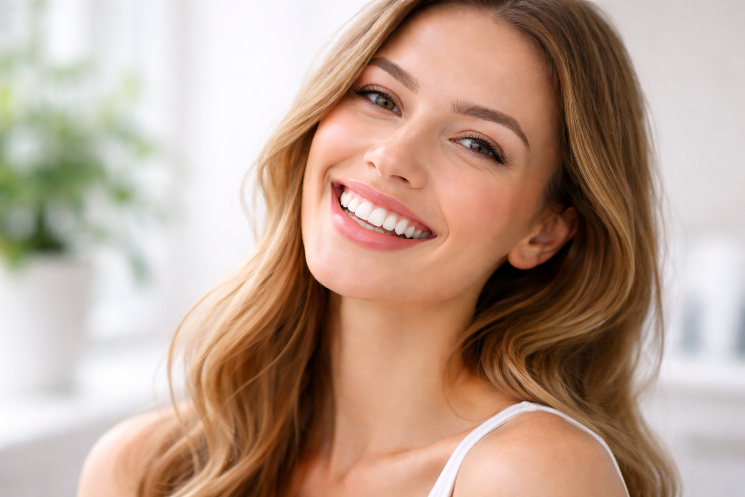 Close up horizontal portrait of a smiling woman with naturally white teeth in soft daylight, healthy enamel, minimal makeup, and a bright, clean background.