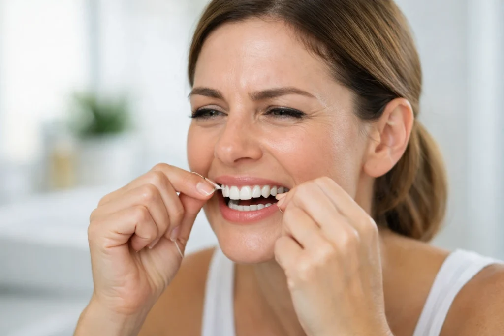 Adult flossing teeth in bright bathroom showing slight discomfort as teeth hurt after flossing, close up dental hygiene concept image
