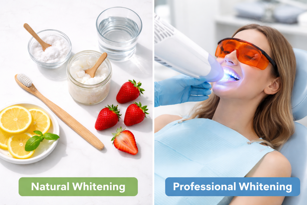 Side by side comparison of natural teeth whitening home remedies and professional in office teeth whitening treatment in a dental clinic setting.