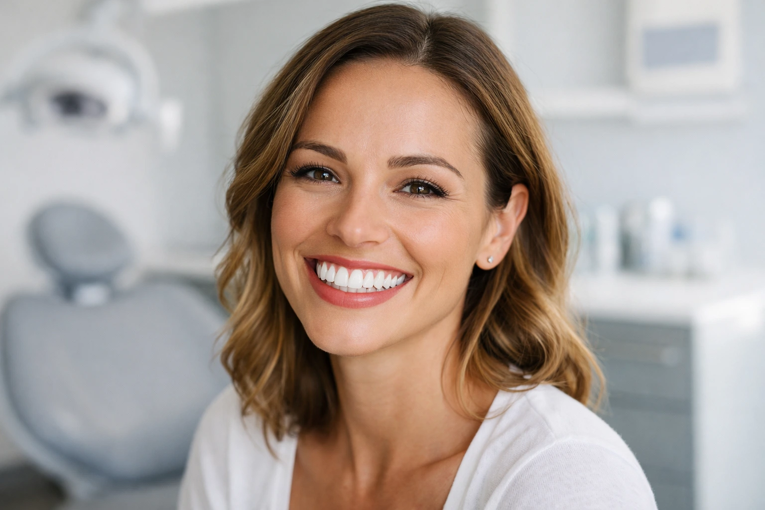 Confident woman smiling with bright white teeth after professional teeth whitening treatment in a modern dental clinic