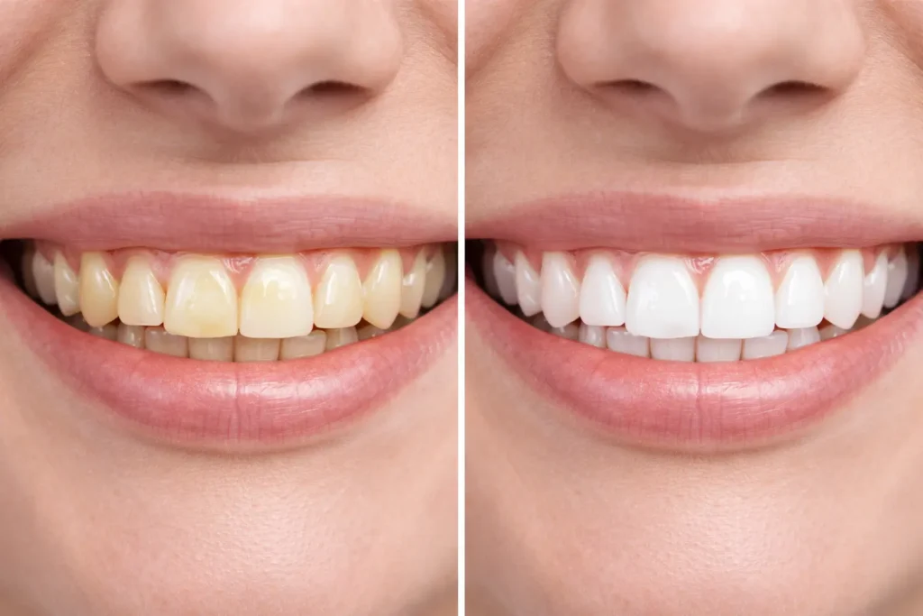 Before and after Zoom Teeth Whitening results showing stained teeth and brighter white smile transformation