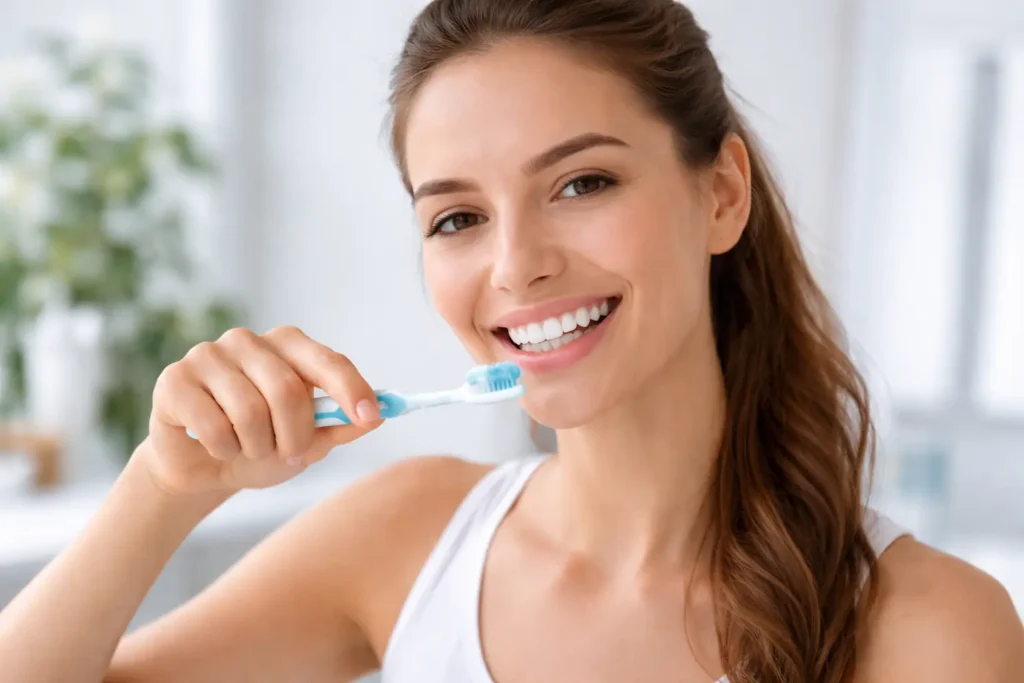 Smiling adult maintaining bright smile after Zoom Teeth Whitening by brushing teeth in modern bathroom with low zoom teeth whitening cost.