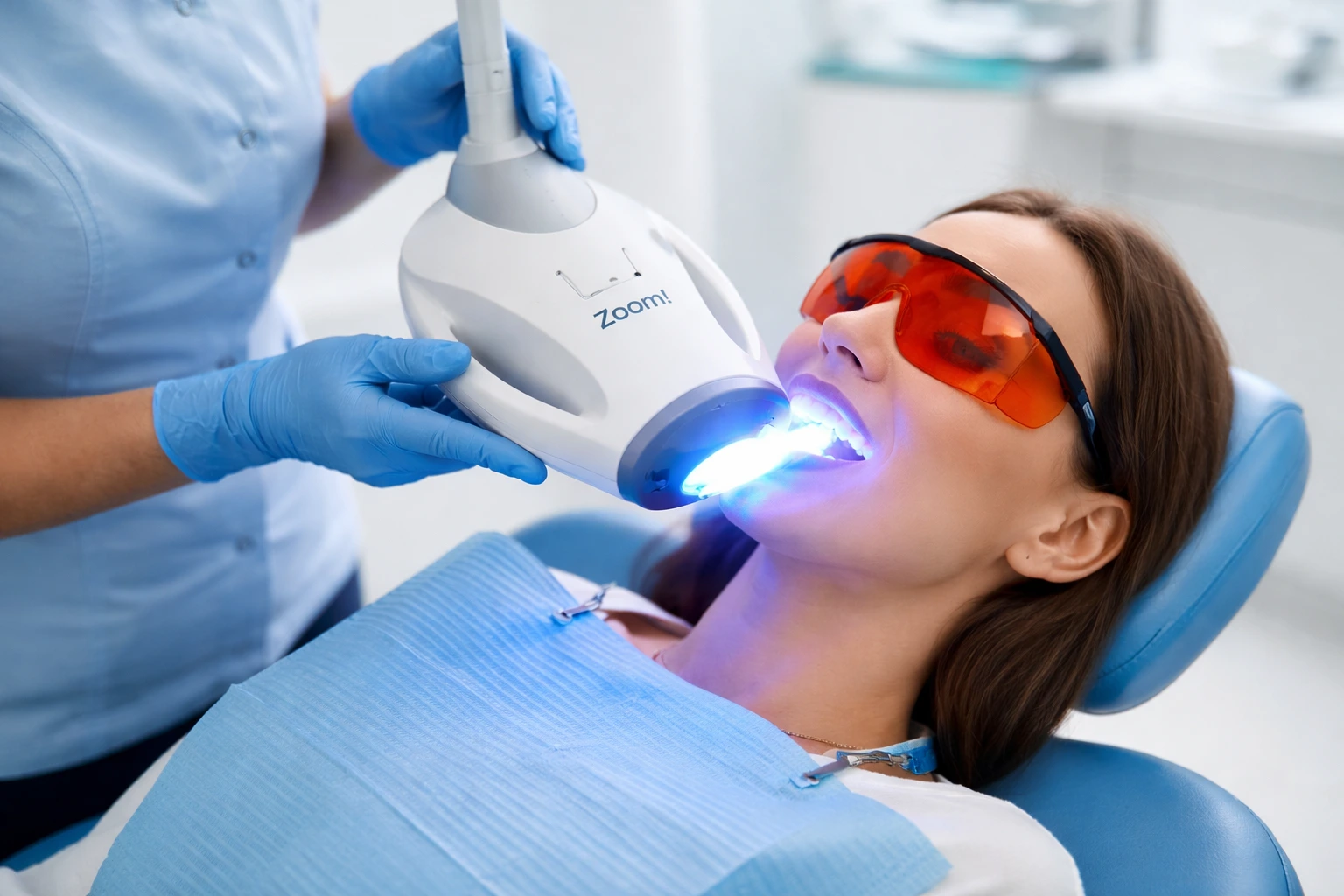 zoom teeth whitening treatment with LED light in professional clinic