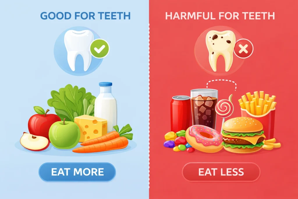how to maintain healthy teeth with foods good for teeth vs harmful foods infographic showing healthy and unhealthy diet choices