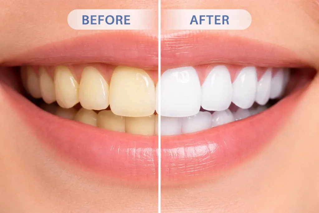 Before and after comparison of best teeth whitening results