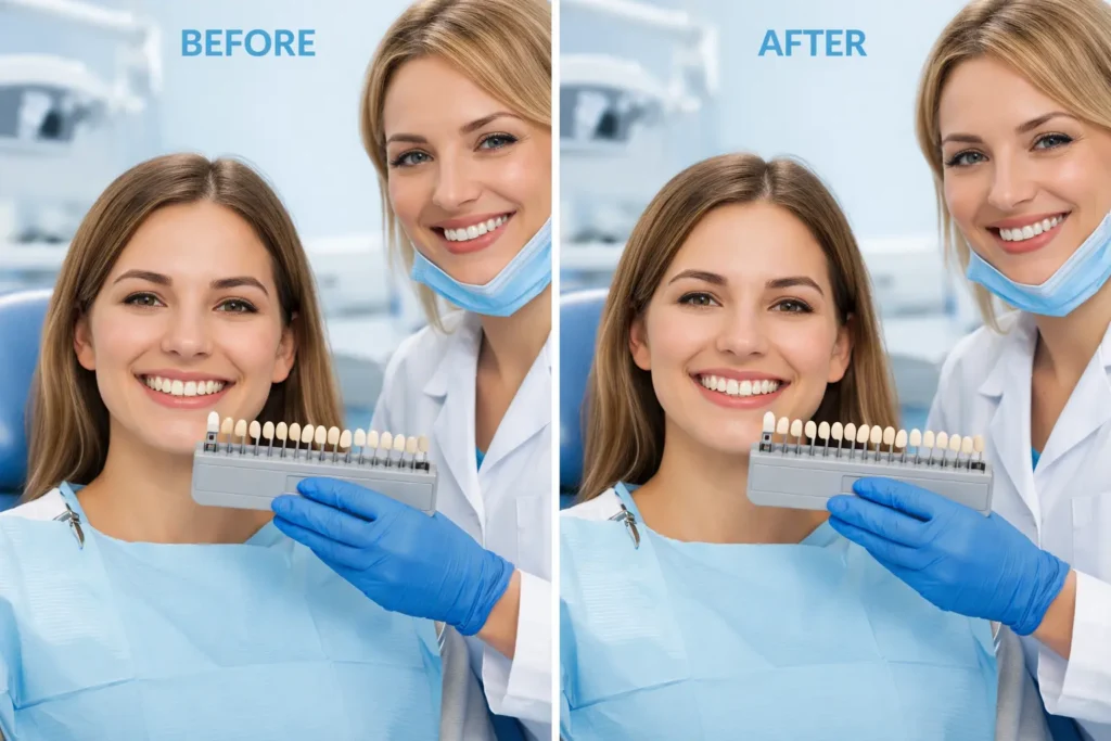 Best teeth whitening results shown by dentist with before and after smile