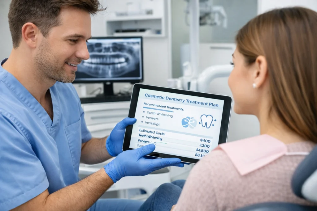 Dentist discussing cosmetic dentistry cost and treatment plan with patient