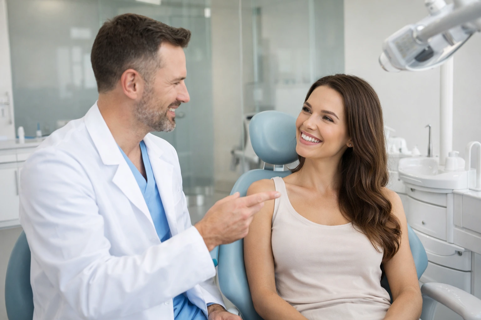 Cosmetic dentistry London consultation between dentist and smiling patient in modern dental clinic