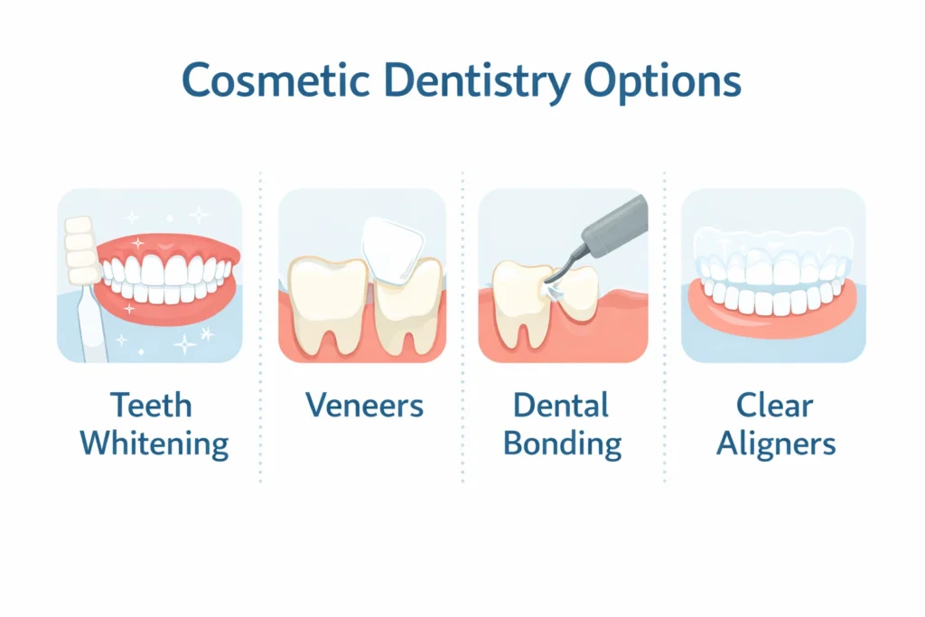 Cosmetic dentistry options including teeth whitening, veneers, dental bonding and clear aligners