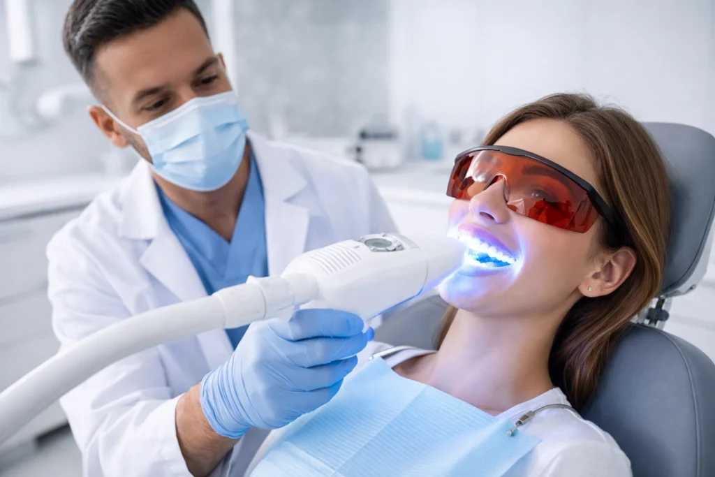 teeth whitening dentist performing LED laser whitening treatment on patient in dental clinic