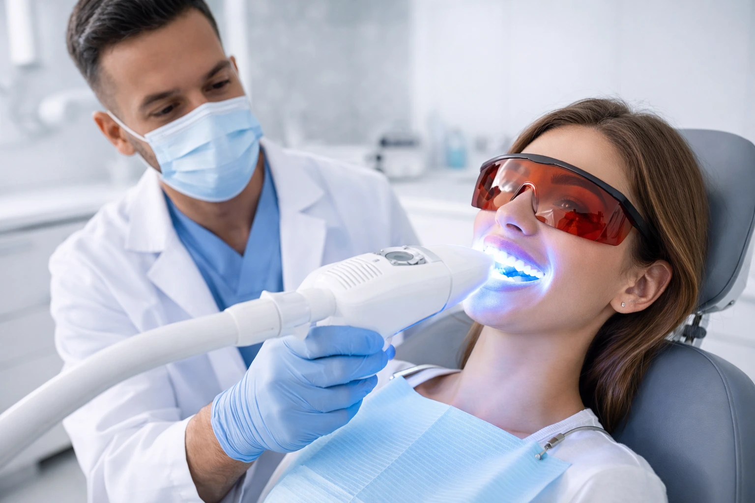 teeth whitening dentist performing LED laser whitening treatment on patient in dental clinic