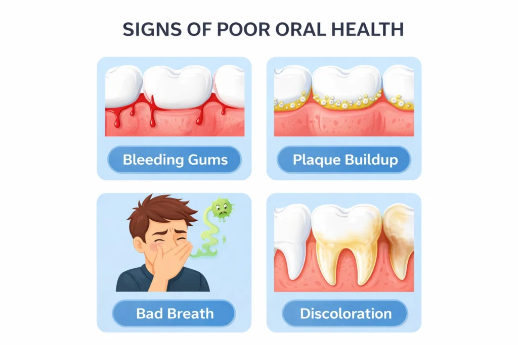 how to maintain healthy teeth by identifying signs of poor oral health like bleeding gums plaque bad breath and tooth discoloration