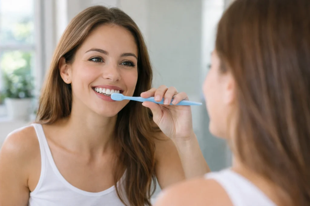 Woman brushing teeth after professional teeth whitening to maintain bright smile