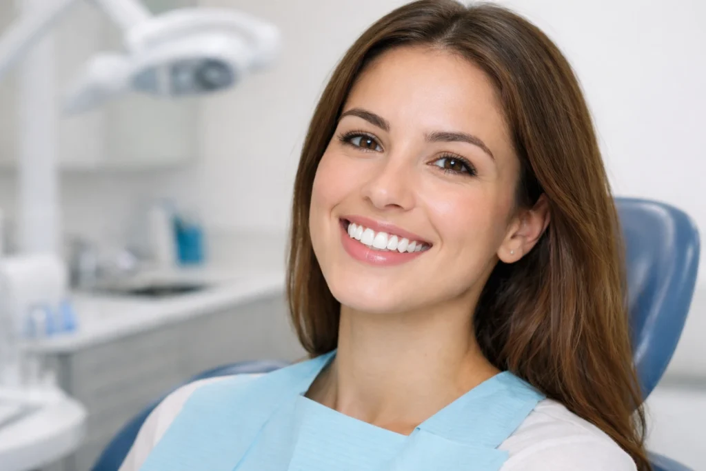 Professional teeth whitening results with bright white smile in dental clinic
