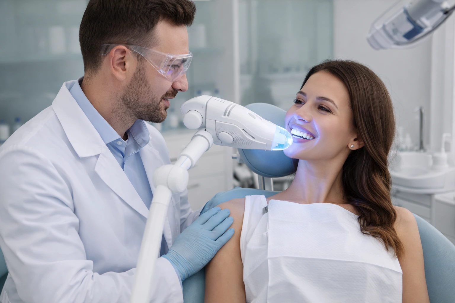 Professional teeth whitening London treatment with dentist using LED whitening light on patient for brighter and whiter teeth in modern dental clinic.