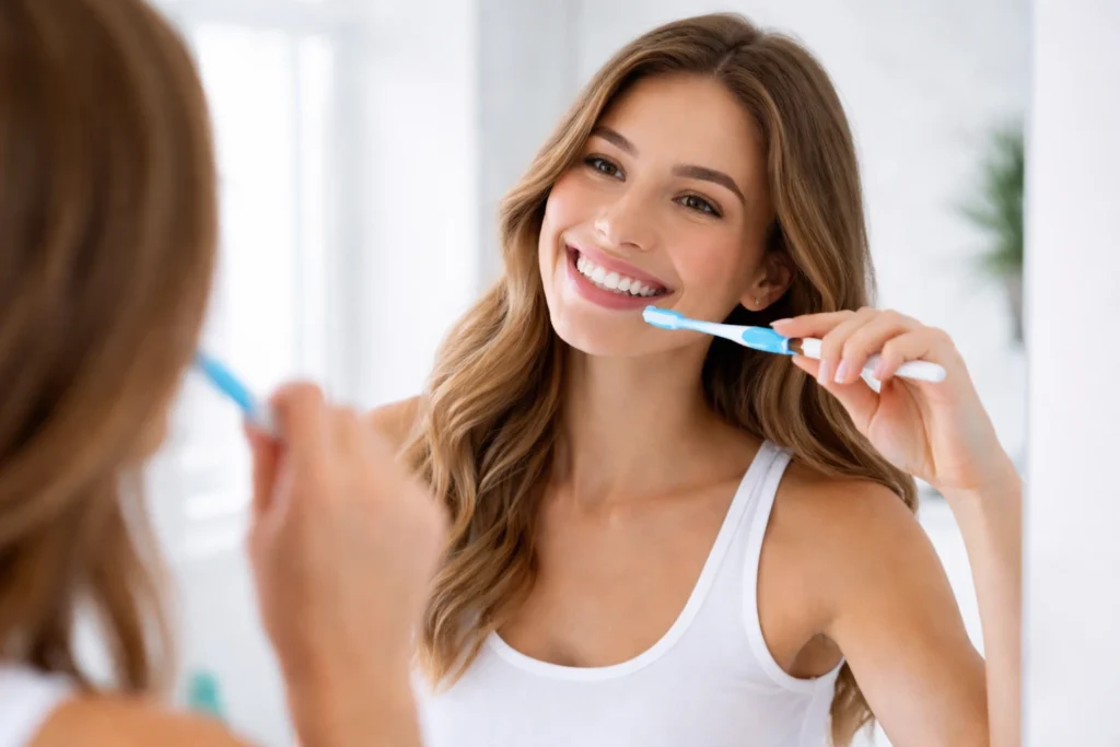 woman brushing teeth after treatment from a teeth whitening dentist