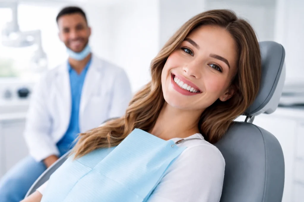 smiling patient after treatment by a teeth whitening dentist in modern dental clinic