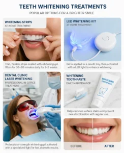 Different teeth whitening treatments including strips, LED kits and professional dentist whitening