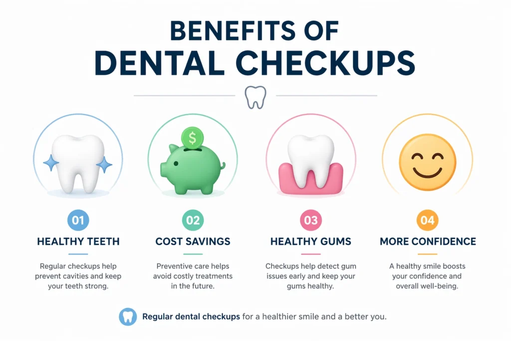 benefits of regular dental checkup showing like healthy teeth cost savings gum care and confidence