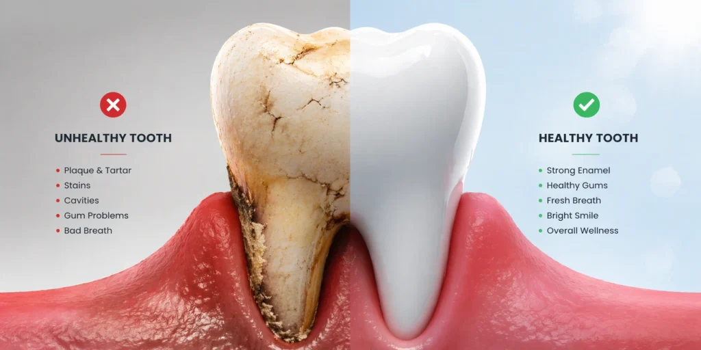 importance of regular dental checkup shown through healthy vs unhealthy tooth