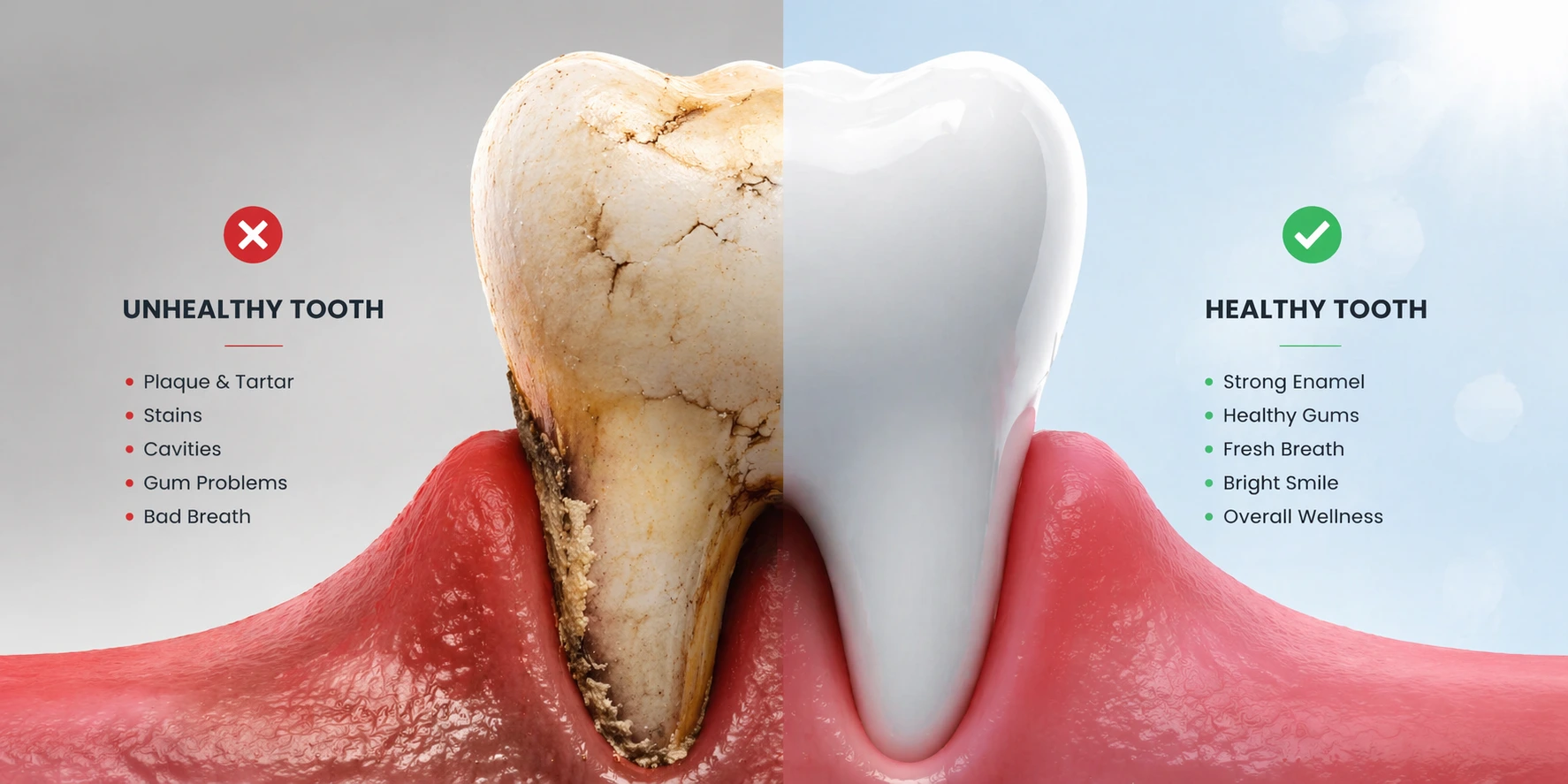importance of regular dental checkup shown through healthy vs unhealthy tooth