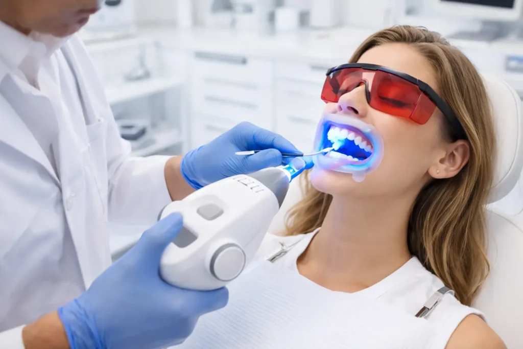 dentist performing laser teeth whitening treatment using professional equipment