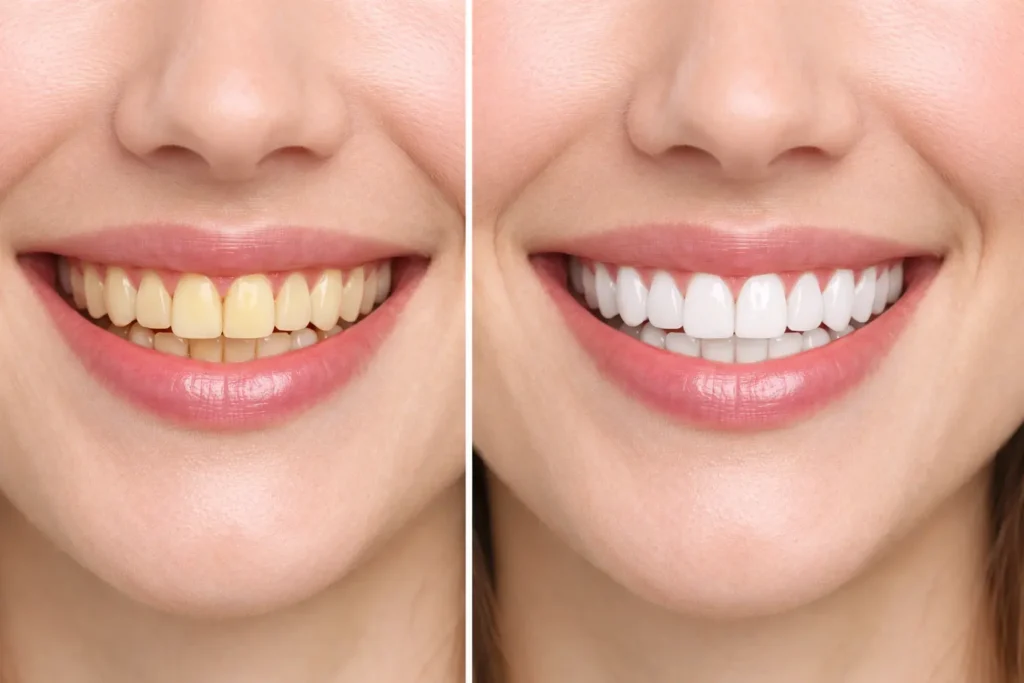 before and after comparison of teeth whitening results showing stained vs white teeth