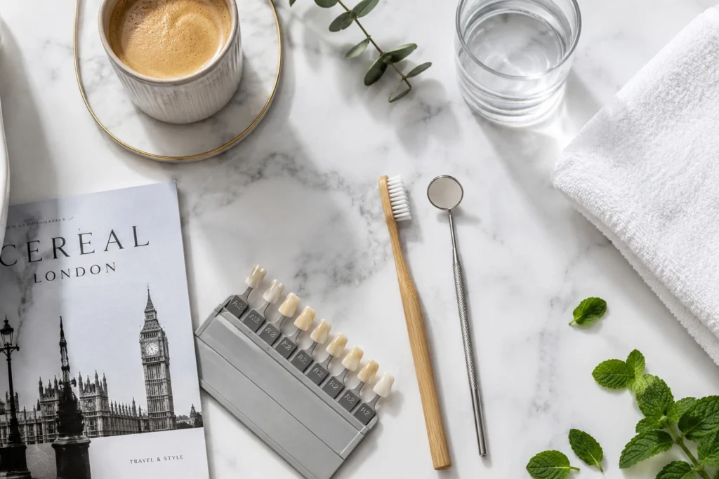 Professional teeth cleaning tools and dental care products arranged on a marble surface in a modern London dental hygiene setting