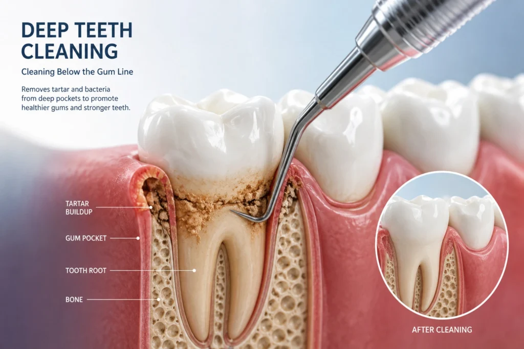 Deep teeth cleaning illustration showing tartar removal below the gum line for healthier gums and cleaner teeth