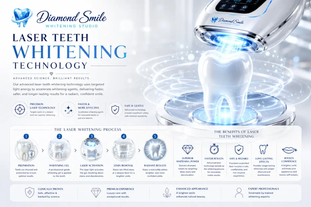 Luxury infographic for laser teeth whitening London with advanced whitening technology and radiant smile visuals.