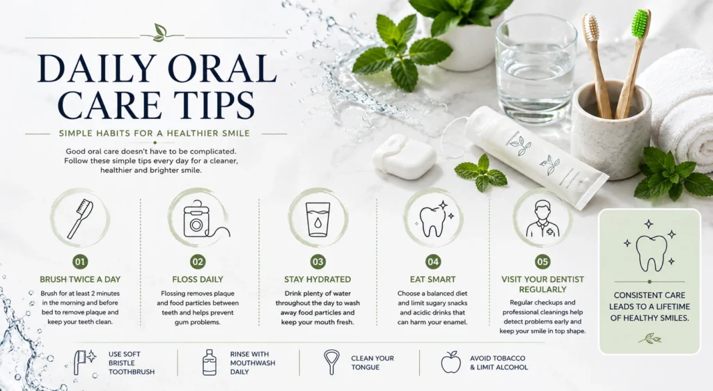Professional teeth cleanings infographic with daily oral care tips for healthier teeth, fresher breath, and long term dental hygiene maintenance