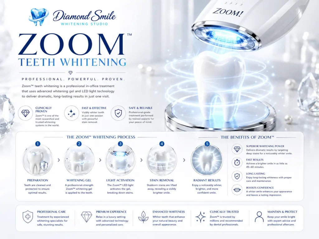 Premium zoom teeth whitening London infographic with LED whitening technology and radiant smile visuals.