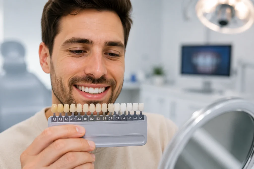 Patient comparing tooth shades before professional teeth whitening treatment in a modern dental clinic
