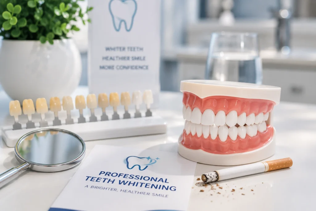 Dental model with tooth shade guide illustrating professional teeth whitening options for tobacco-stained teeth